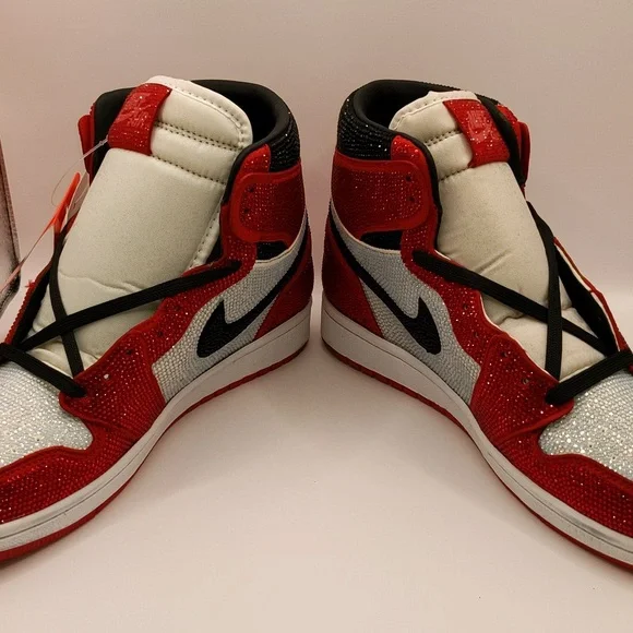 New Custom Crystal Iced Sneakers Red/White/Black Unbranded Bedazzled Sz 6 - Picture 5 of 16